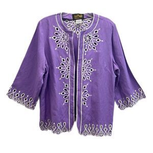 Bob Mackie Linen Blend Jacket Large Wearable Art Open Front Laser Cut Lavender